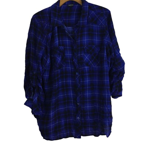 Torrid Womens Challis Plaid Long Sleeve Button Up Blouse Blue Plus Size 4X - Picture 1 of 8